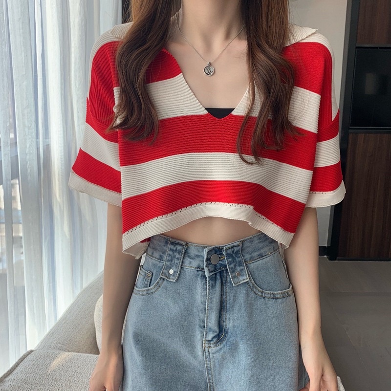 Áo croptop len tăm có cổ polo tay lỡ nhiều màu