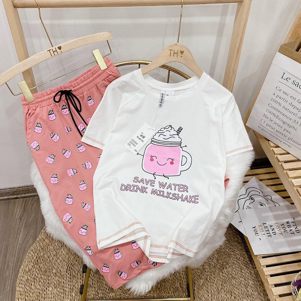 BỘ MẶC NHÀ COTTON QUẦN LỬNG HỌA TIẾT BÌNH SỮA DỄ THƯƠNG CHO NỮ