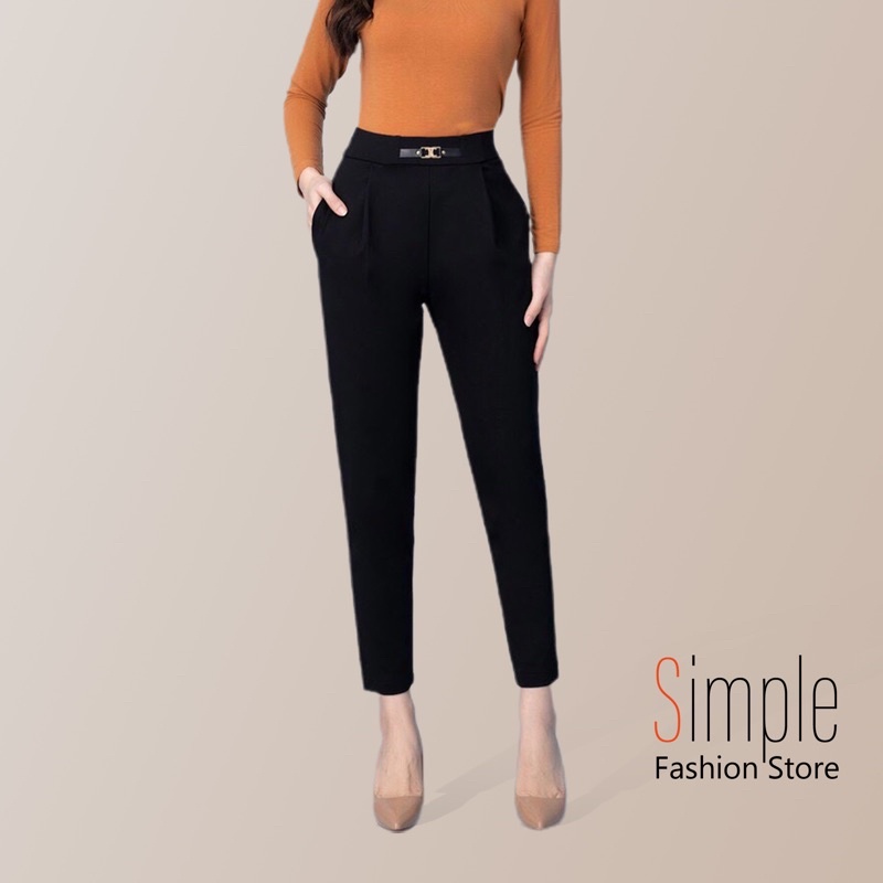 Quần baggy nữ lưng cao phối da cạp chun công sở Simple cao cấp, quần tây nữ cạp cao lưng thun màu đen đi học đi làm