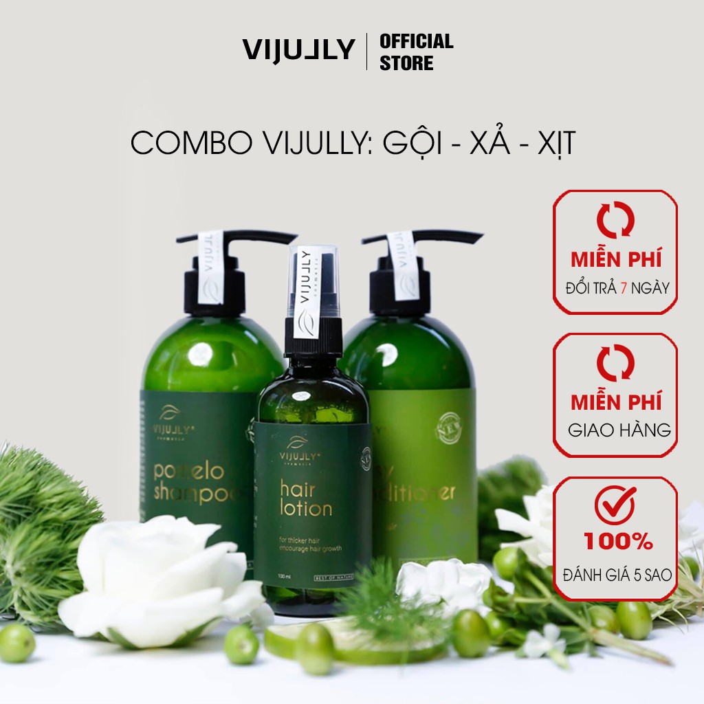 Combo Vijully liệu trình giảm rụng tóc:  Dầu gội bưởi 280ml + Dầu xả dừa 280ml + Tinh dầu bưởi Vi Jully 100ml