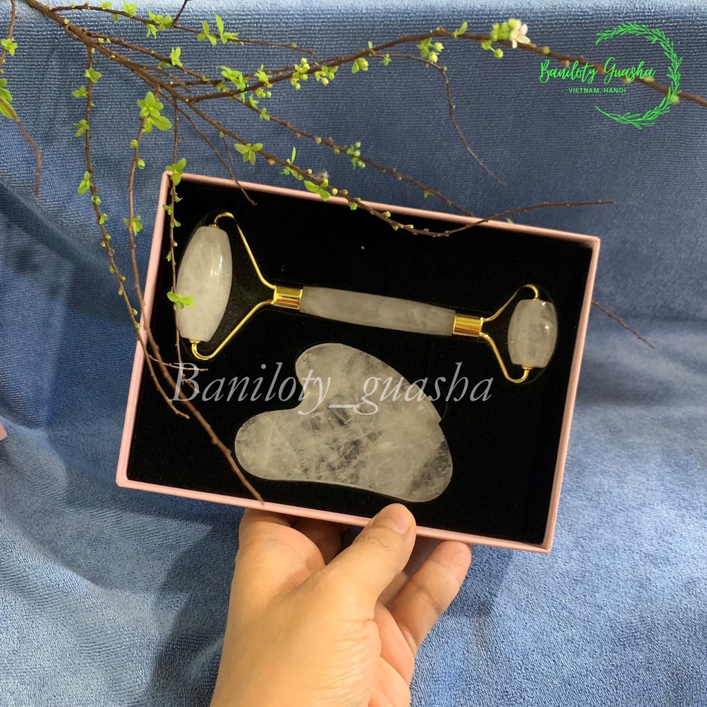 (Bản limited Baniloty) Bộ thanh lăn và miếng đá trái tim-đá tự nhiên màu trắng trong, massage mặt nâng cơ hiệu quả