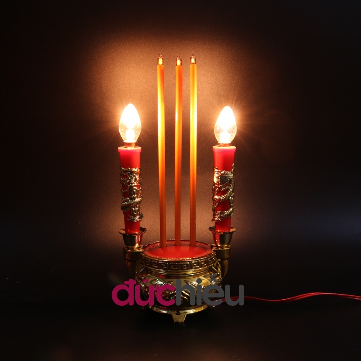 Bộ lư hương nến điện tử cao 28cm, đèn thờ cúng gia tiên, trang trí tết – Đức Hiếu Shop