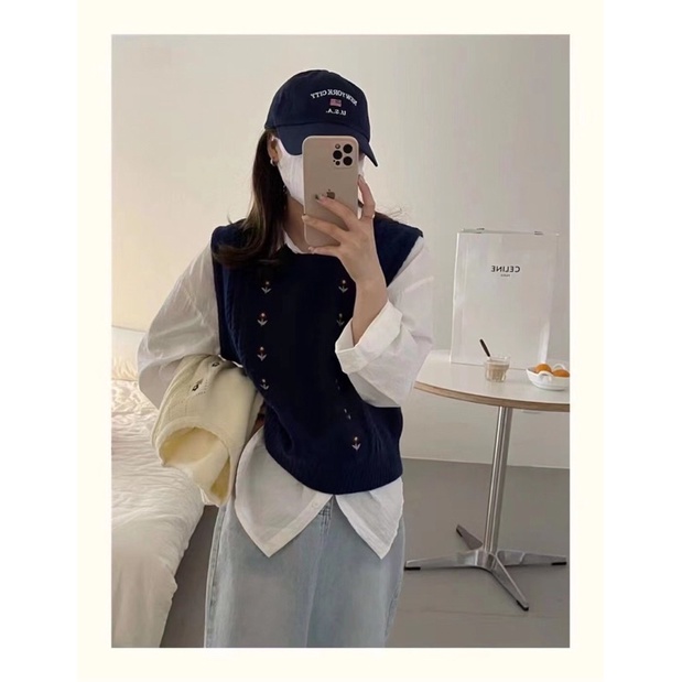 Gile không tay sát nách thêu hoa , Cổ tròn ulzzang hàng loại 1 có sẵn