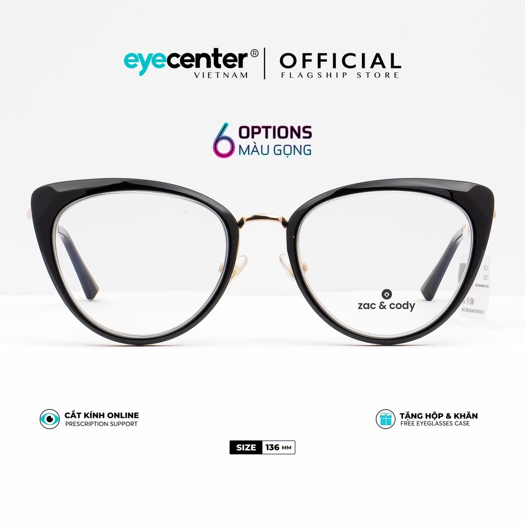 Gọng kính mắt mèo A59-S chính hãng ZAC &amp; CODY kim loại chống gỉ khung viền nhựa dẻo nhập khẩu by Eye Center Vietnam