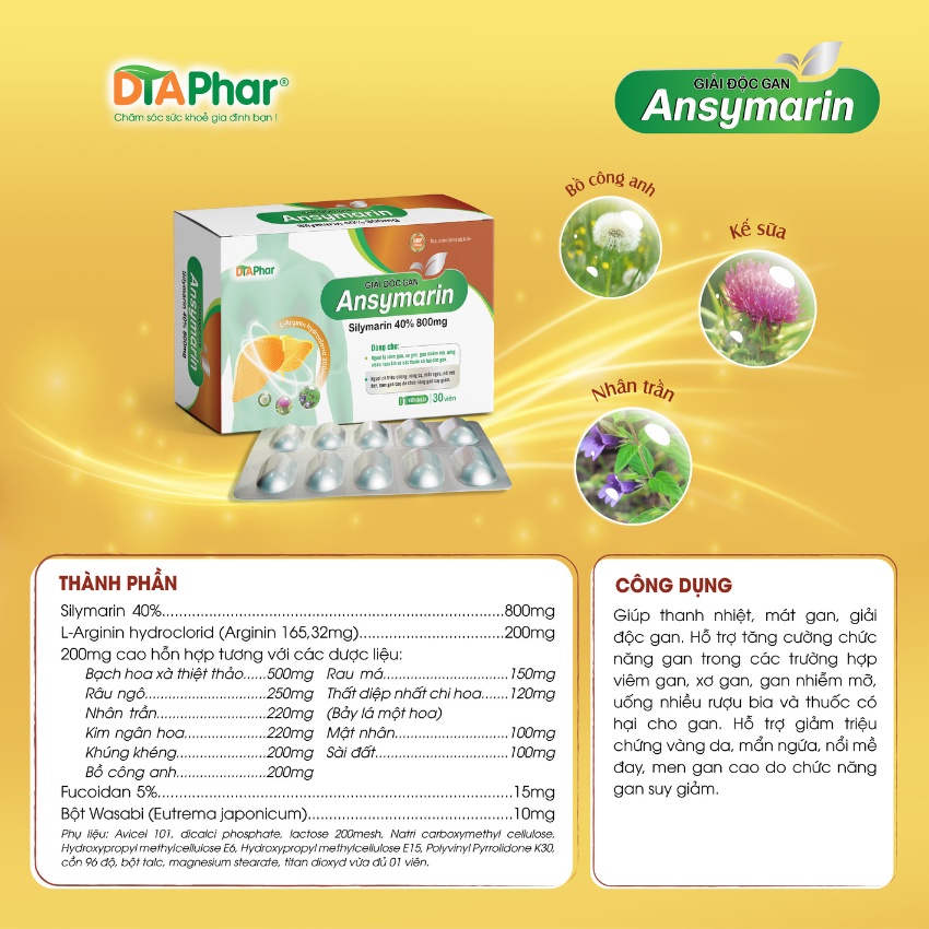 Viên uống mát gan gan Ansymarin DTAPhar thanh nhiệt giảm vàng da, mẫn ngứa, nổi mề đay, men cao Hộp 30 viên