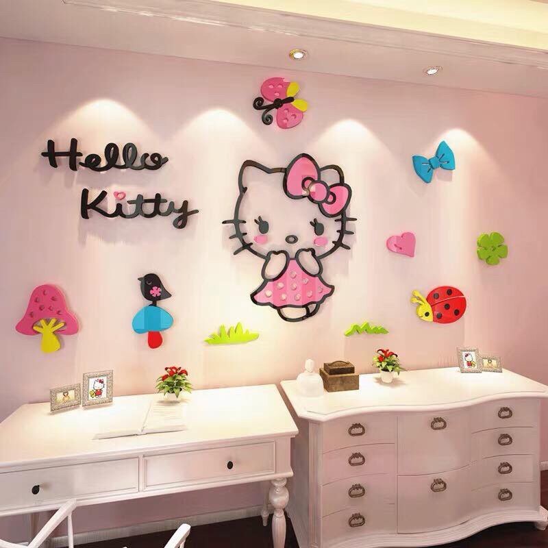 Tranh dán tường mica 3D Hello kitty và khung ảnh trang trí mầm non,khu vui chơi trẻ em, phòng cho bé