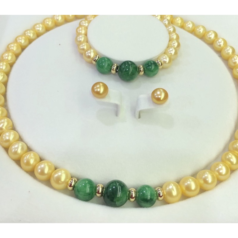 Bộ Trang Sức Hạt Ngọc Trai Vàng 9ly Mix Đá Xanh Sang Trọng Dự Tiệc, Quà Tặng - Ngọc Trai Trường Thịnh