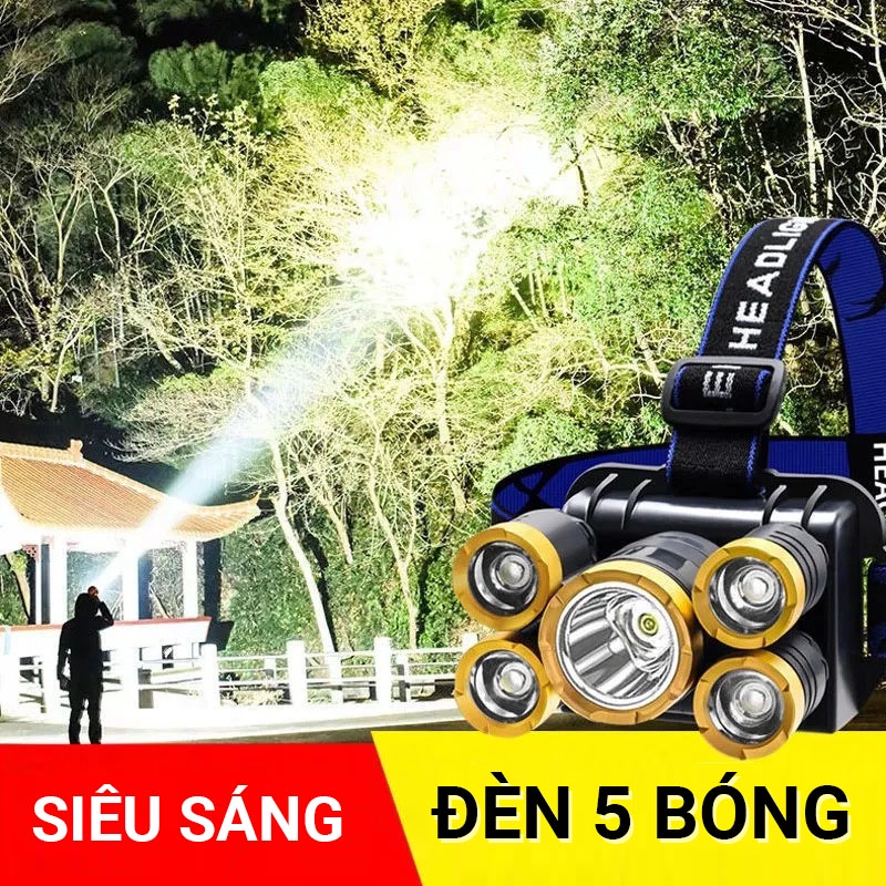 Đèn Pin Đeo Đầu 5 Bóng Siêu Sáng Với 4 Chế Độ Chiếu Xa, Rộng, Nháy Đèn, Đèn Pin Đeo Chán Chống Nước