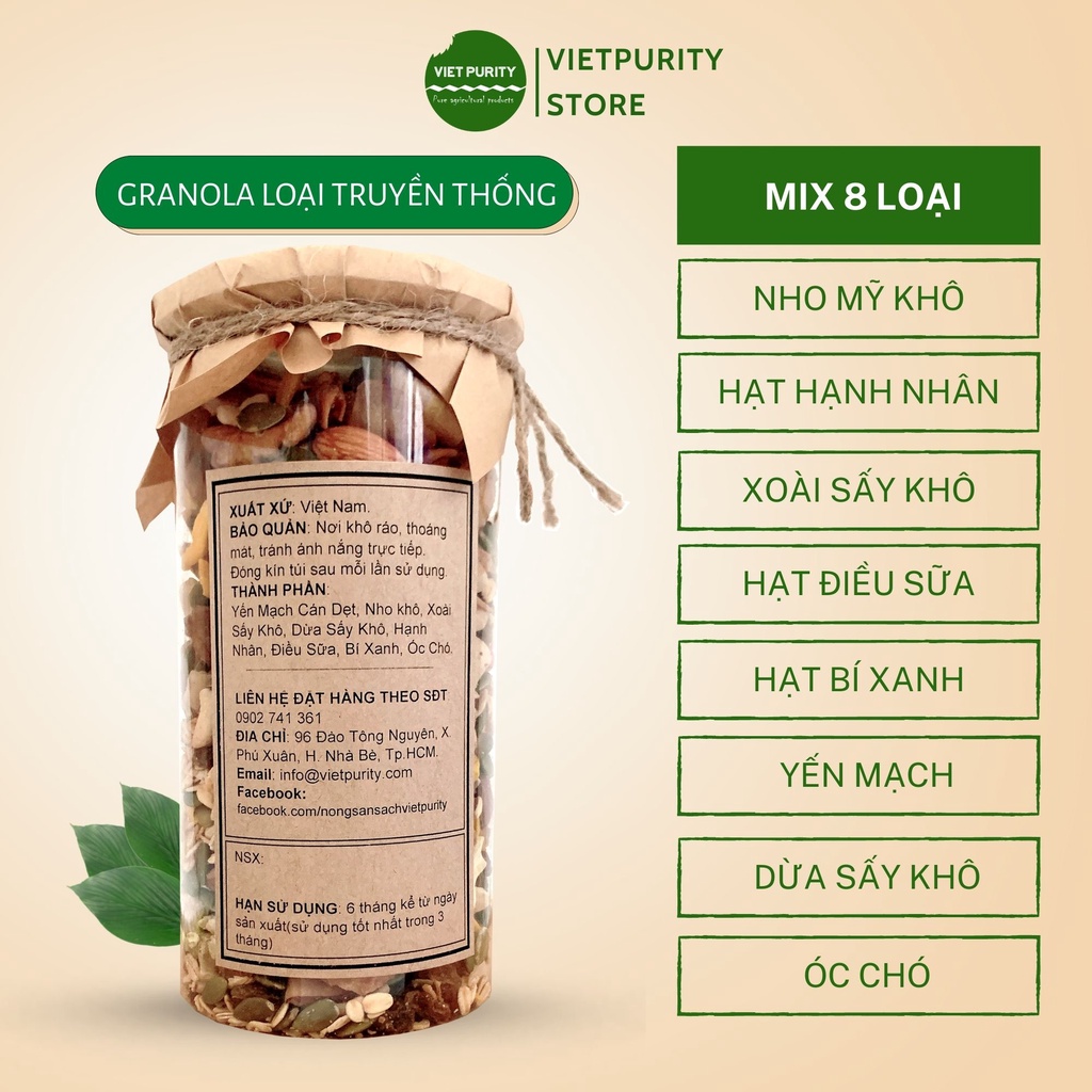 Granola siêu hạt ngũ cốc ăn kiêng giảm cân eatclean healthy ăn thô tốt cho bà bầu Vietpurity loại 500g