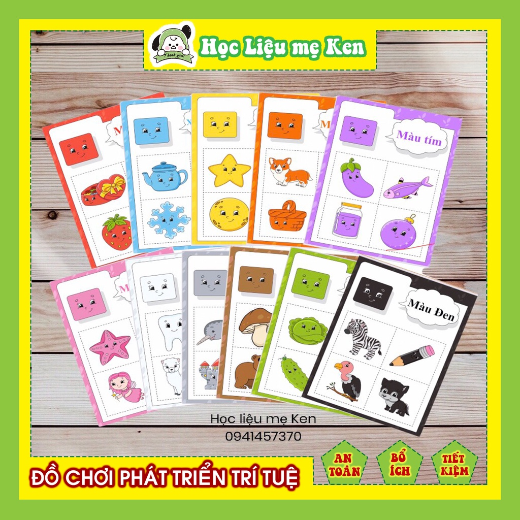 Học liệu 11 màu sắc cơ bản có nét đứt cho bé tập cầm bút vẽ, bóc dán, matching color