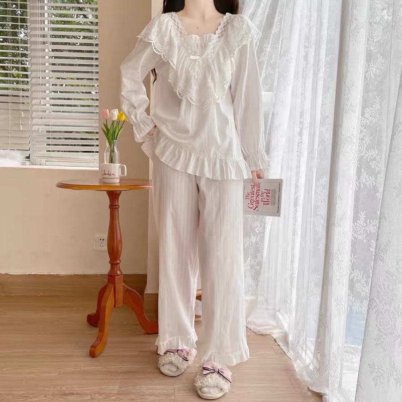 New BTS 2022 SET ĐỒ BỘ TIỂU THƯ MẶC NHÀ TRẮNG CỔ V REN QUẢNG CHÂU rẻ nhất shopee