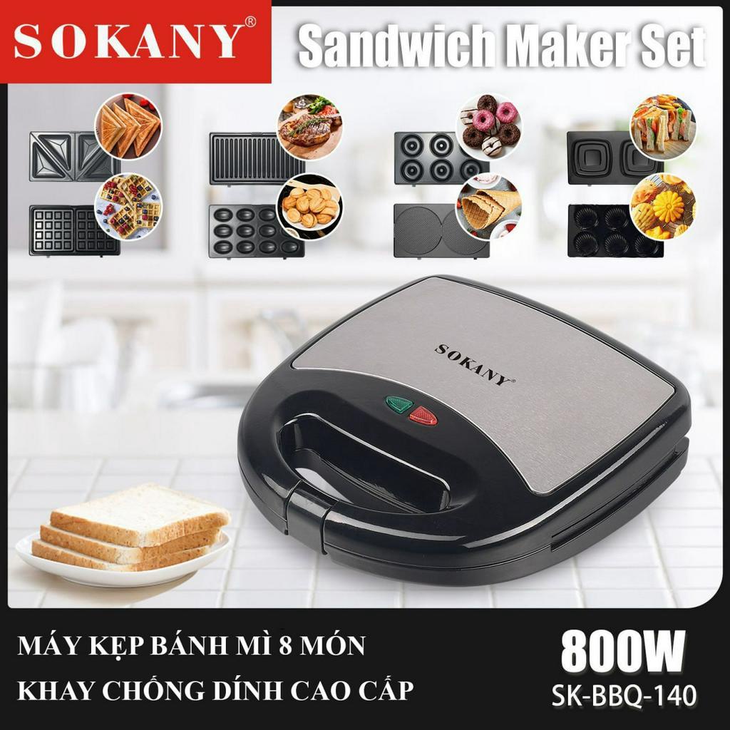 Máy kẹp bánh mì sandwich SOKANY 8 KHAY chống dính tốt, công suất lớn tới 800W giúp máy nướng bánh nhanh chóng-SKBBQ140B