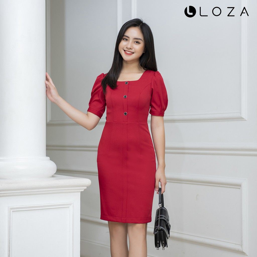 [Mã FAMALLT5 giảm 15% đơn 150k] Đầm dáng ôm LOZA cổ vuông tay bồng màu đỏ - LD2223