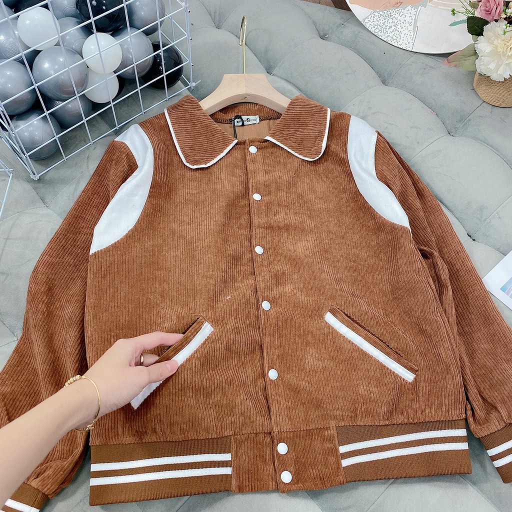 Áo khoác nữ thu đông kiểu dáng bomber vải nhung phối trắng vai 2 màu