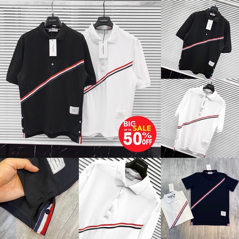 [FREE SHIP] Áo polo Thom Browne sọc đỏ [2022]⚜️Áo phông Thom Browne vạch kẻ sọc chéo ✅