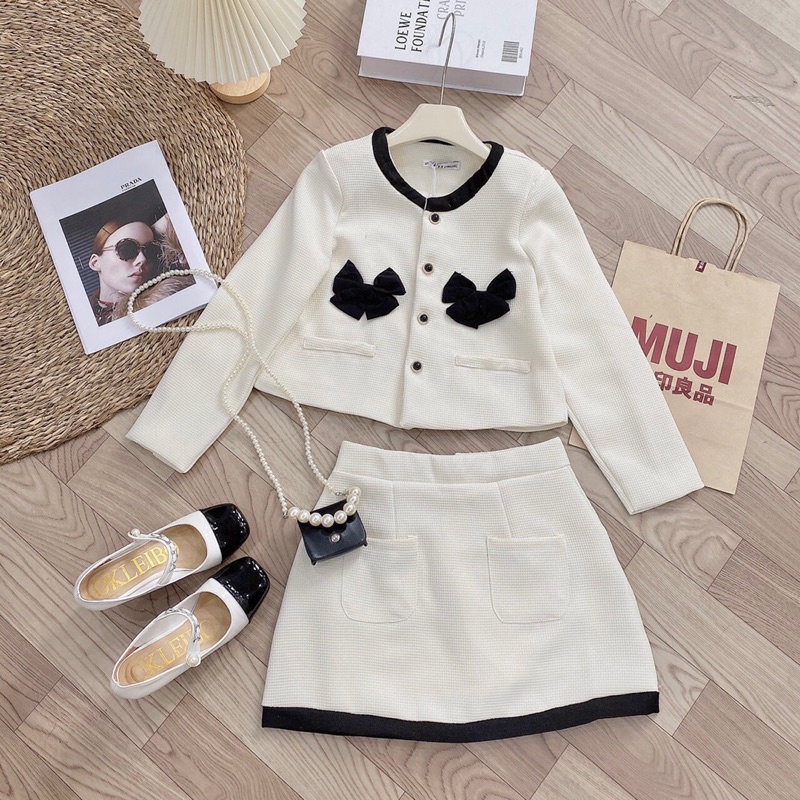 Set váy dạ chữ A phối áo khoác tay dài tiểu thư