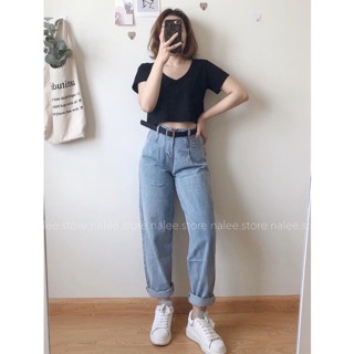 quần baggy bò trơn rạch đùi