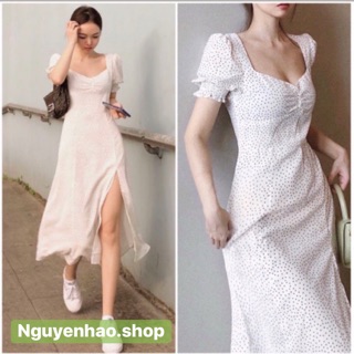 Đầm bi nhí trắng xẻ tà