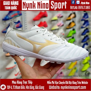 [Tặng Tất + Hộp] Giày Bóng Đá Mizuno Morelia Neo III Trắng Vạch Vàng Đồng TF