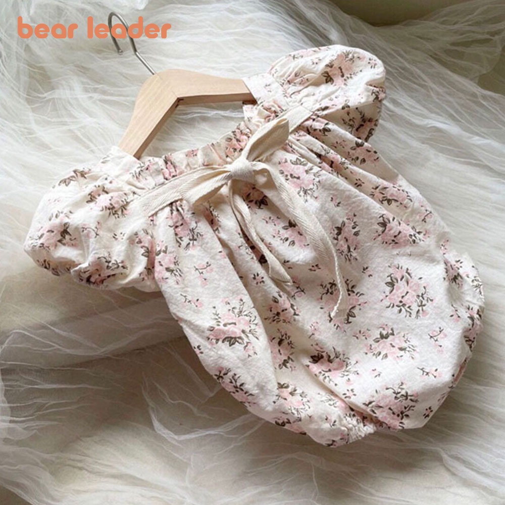 BEAR LEADER Bộ Áo Liền Quần Tay Phồng Cổ Vuông Phối Túi Hình Gấu Dễ Thương Cho Bé Gái