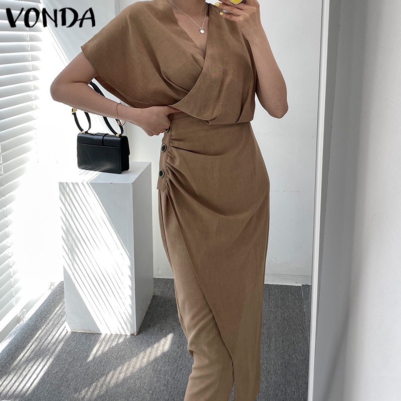 Đầm Dài Cổ Chữ V Tay Ngắn Màu Trơn Phong Cách Hàn Quốc Dành Cho Nữ