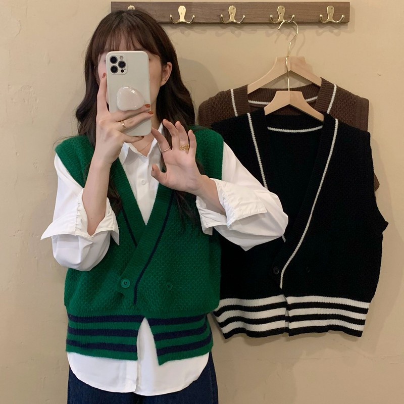 Áo Vest 179459Áo Khoác Ngoài Cổ Chữ V Dáng Rộng Màu Sắc Tương Phản Phong Cách Hàn Quốc