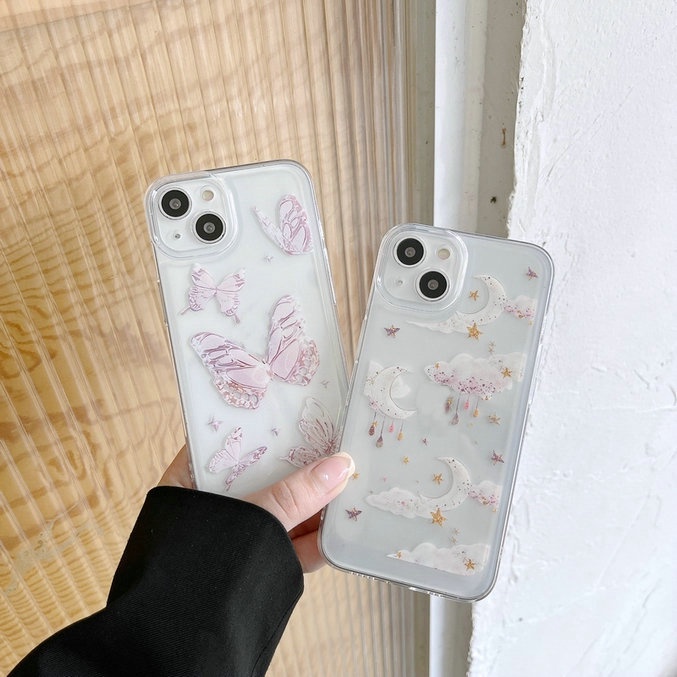 Casing For IPhone 13 Pro Max 12 11 ProMax X Xs Xr 7 8 SE 2020 Plus 7+ 8+ Xsmax 13Promax 12Promax 11Promax Cute Butterfly Star Moon Clear Fine Hole Shockproof Soft Phone Case Cover JSCK 11