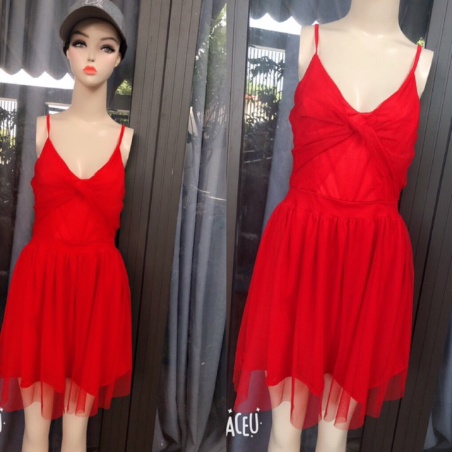Đầm lưới 2 dây màu đỏ combo