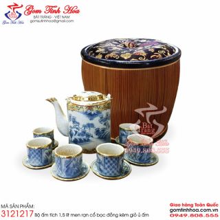 Bộ ấm tích Bát Tràng 1,5 lít men rạn cổ bọc đồng kèm giỏ ủ ấm cao cấp