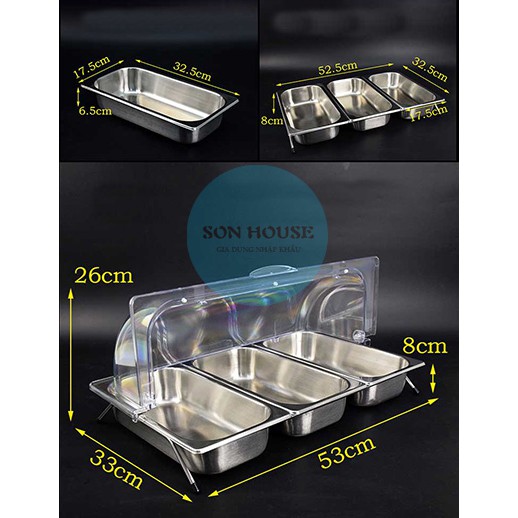 Bộ khay inox 3 ngăn có nắp đậy bằng nhựa mica trong suốt mở 180 độ đựng đồ ăn