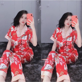 Đồ bộ pijama🍓Bộ lụa satin hoa maison chanh xả🍓Freeship