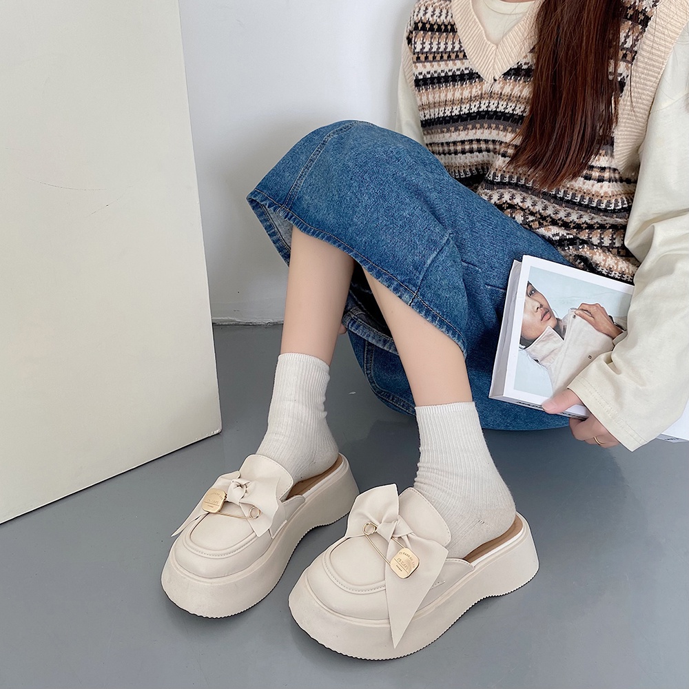 🎀COOL A Dép Bít Mũi Đế Dày Đính Nơ Thời Trang Mùa Hè Kiểu Mới Cho Nữ Thời trang đế dày nửa kéo Baotou nữ ngôi sao mới với phiên bản hàn quốc của đôi xăng đan gót trung retro cổ điển