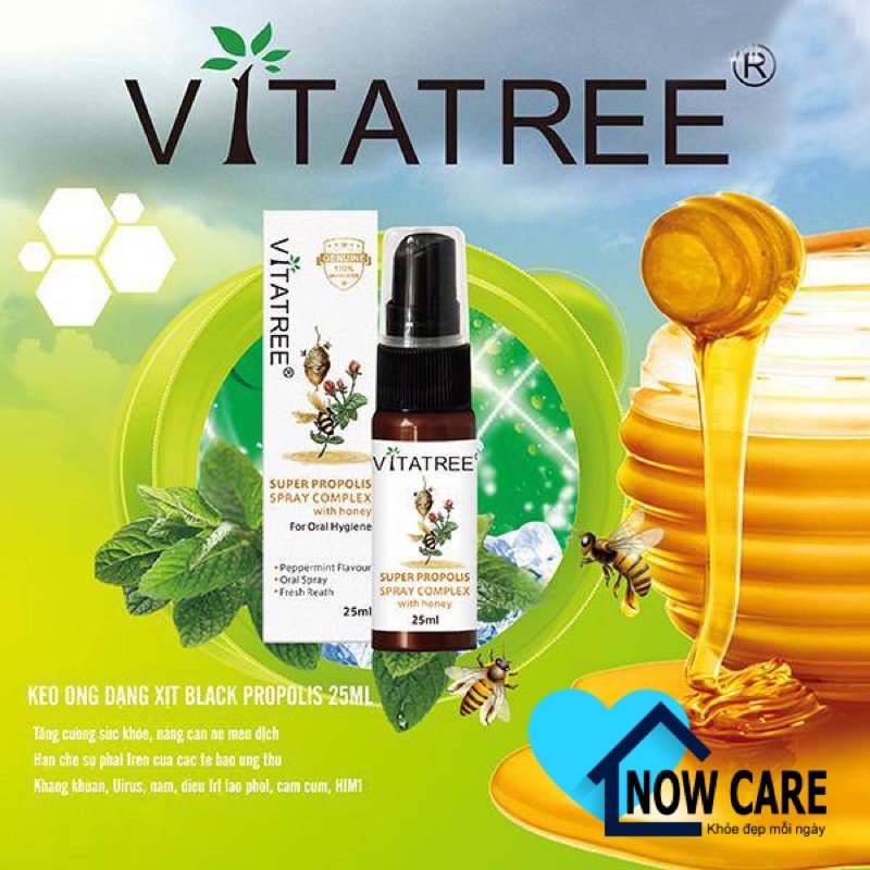 Xịt keo ong Vitatree Super Propolis Spray Complex With Manuka 15+ - Chai 25ml - Đau Họng Viêm Họng, Thơm Miệng