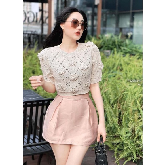 Áo len đính hoa nổi cổ tròn tay ngắn hàng Quảng Châu 0205