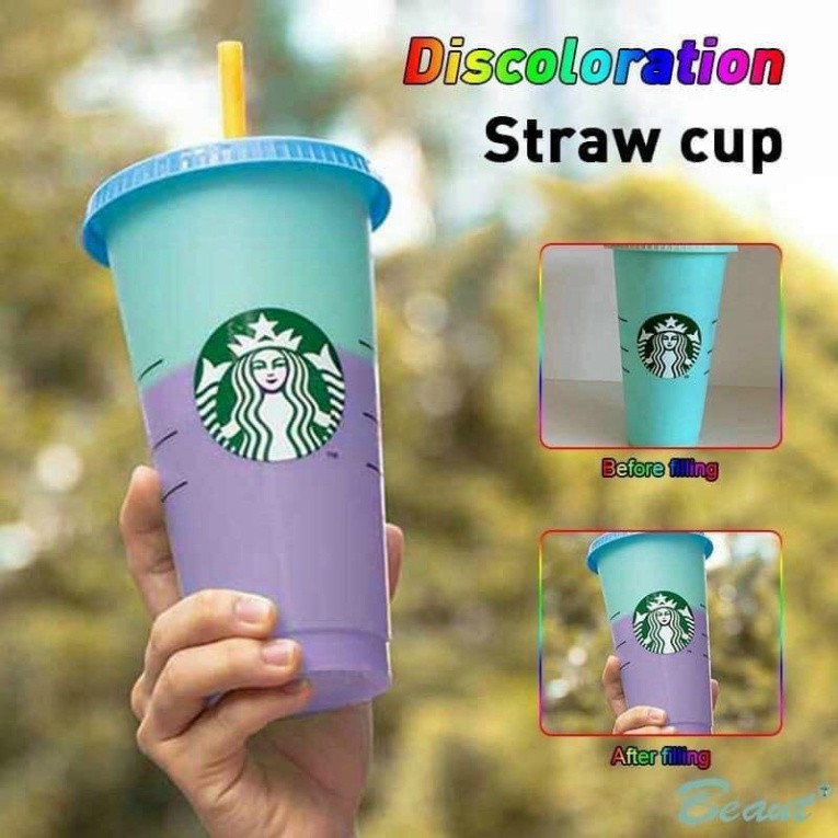 Sét 5 cốc nhựa Starbucks đựng nước đổi màu tặng kèm nắp và ống hút . .
