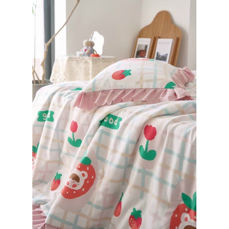Sét hè cotton đũi chăn trần bông phối bèo ngắn cao cấp Hàn Quốc( tặng kèm vỏ ôm cùng bộ m6)