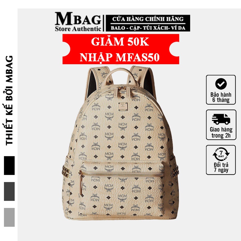 Balo MCM, Balo da MCM Unisex màu Kem, form đẹp, chất da cao cấp, xịn