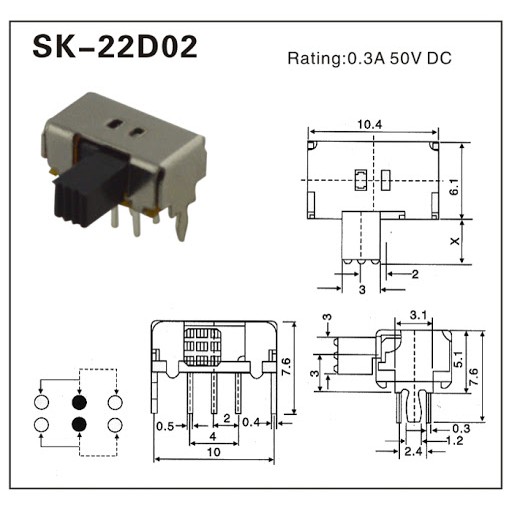 2 chiếc công tắc gạt ngang SK-22D02 6 chân nhỏ -2P2T SK22D02