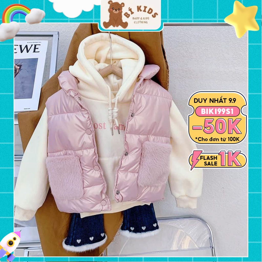 Áo khoác phao gile túi lông dáng hộp cho bé gái 1 2 3 4 5 6 7 tuổi thời trang thu đông cho bé gái Bí Kids