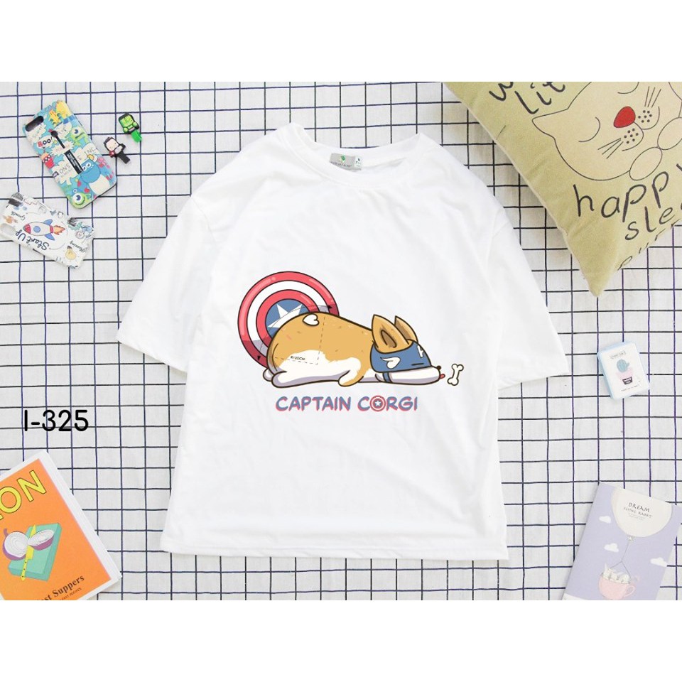 Áo Thun Nam Nữ Tay Lỡ Unisex Phông Trơn Oversize Form Rộng Basic Tee Hình CAPTAIN CORGI