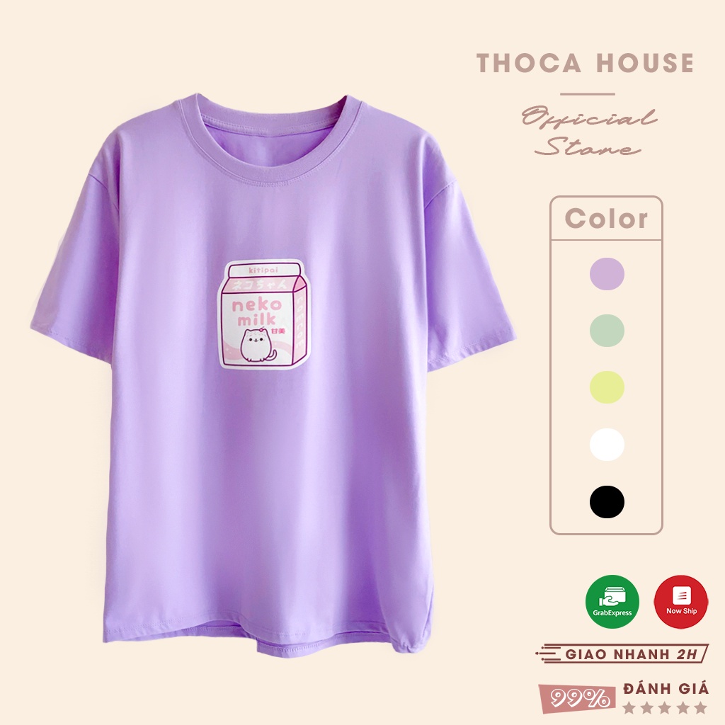 Áo thun nữ form rộng in hình Neko Milk dễ thương THOCA HOUSE vải dày, màu sắc đa dạng, năng động, phối đồ dễ dàng