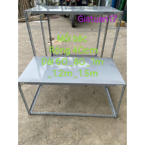 Kệ mâm sắt V lỗ 2 bậc thang (R40cm,Dài 60_80_1m_1.2m_1.5m) bằng V3x3cm và V4x4cm