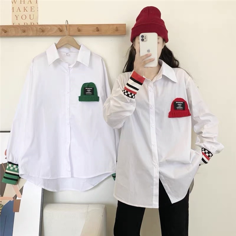 Áo sơ mi trắng học sinh dáng rộng phối tay, mũ len thật