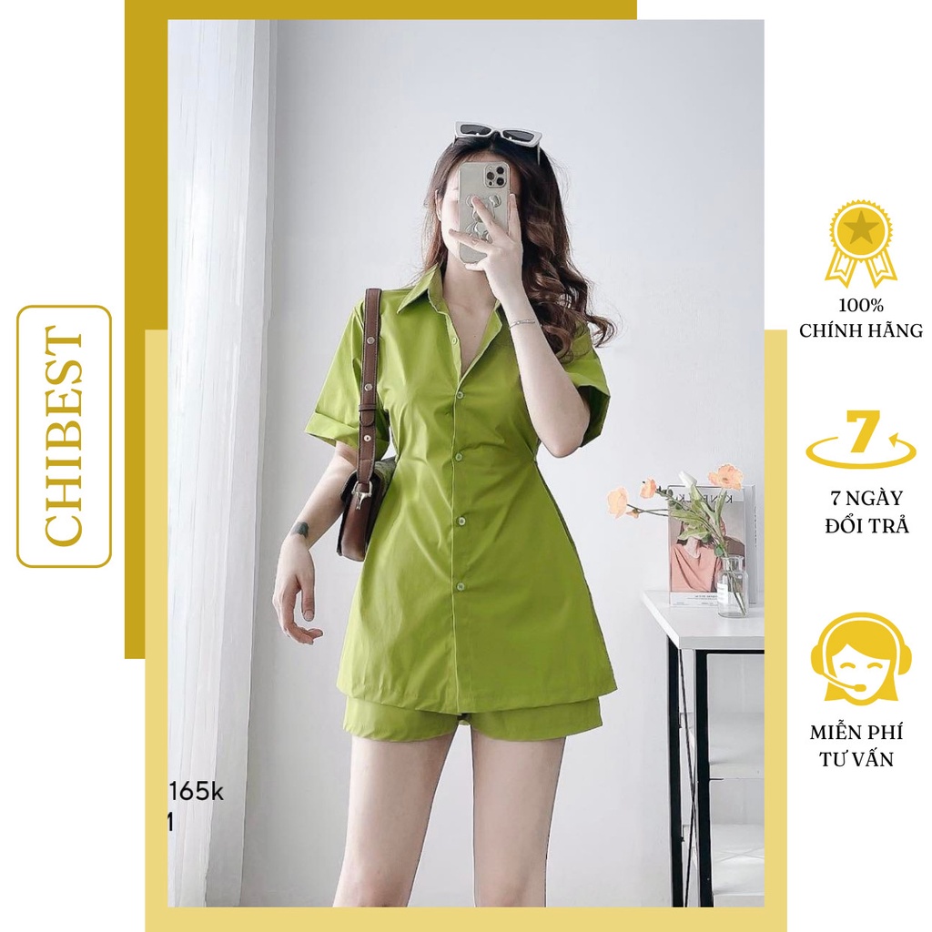 Set áo sơmi xẻ tà nút eo gấp line phối quần short ống rộng CHIBEST ASB52