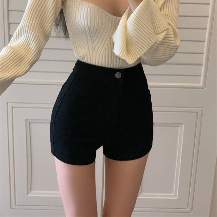Quần Short Denim Màu Đen Lưng Cao Siêu Co Giãn Thời Trang Mùa Hè Cho Nữ
