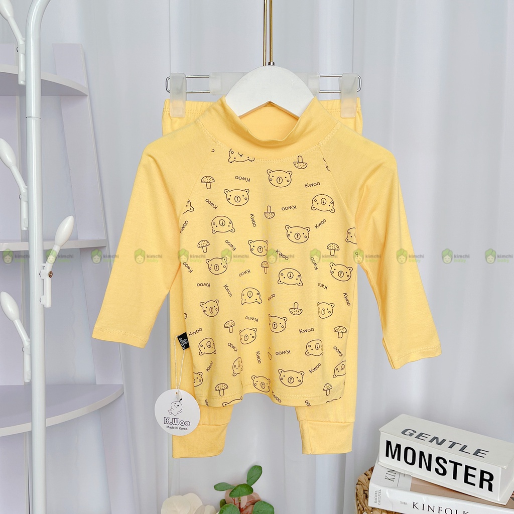 Bộ Dài Tay Bé Gái, Bé Trai KIMCHIBABY Vải Thun Lạnh Cổ 3P Hoạ Tiết Gấu Giáp Lăng, Bộ Quần Áo Trẻ Em Thu Đông KWTD2209