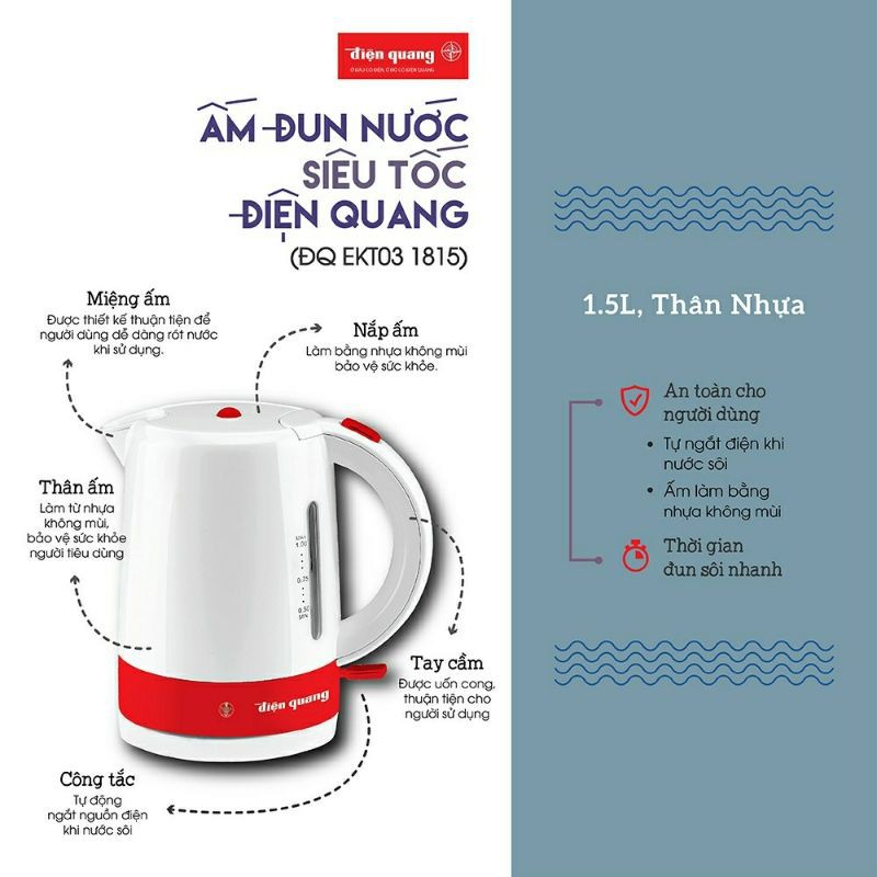 Ấm đun nước/bình nấu nước siêu tốc 1,5lit 1800w Điện Quang ĐQ EKT03 1815