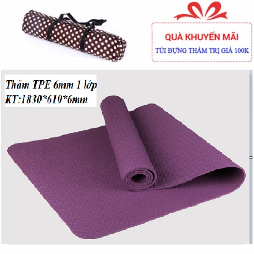 Thảm tập Yoga Mat TPE 6mm một lớp tặng túi xịn