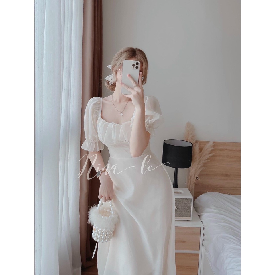 Váy đầm nữ trắng tinh khôi tay phồng cổ vuông xếp ly ngực có phù hợp mọi phong cách