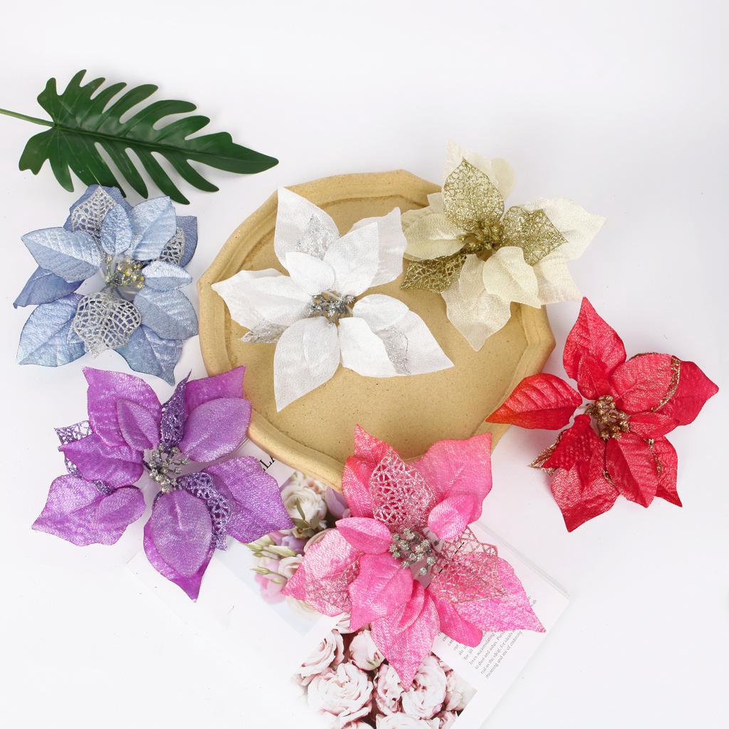 （Hoa giả khổ lớn 22 cm）Bộ 5 Bông Hoa Nhân Tạo Trang Trí Giáng Sinh